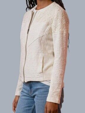CAbi  Cream Lace Overlay Cream Textured Zip Front Jacket. Moto. Lace. Feminine.